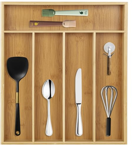 simpdecor Bamboo Drawer Organizer Portable Cutlery Tray 5 Compartments Utensils Holder Wood Drawer Dividers Organizer for Storing Silverware, Flatware, Knives in Kitchen, Bedroom, Living Room
