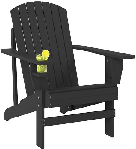 Outsunny Adirondack-Gartenstuhl mit Becherhalter Gartenliege Balkonstuhl Massivholz Schwarz 72 x 95 x 93 cm
