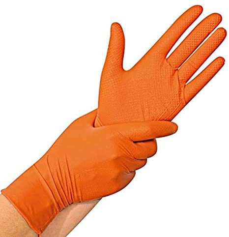 Guantes nitrilo desechables sin polvo, naranja, talla XL, 50 unidades