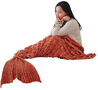 PengGengA Meerjungfrau Decke, Handgemachte Meerjungfrau Strickmuster Schlafsack, Personalisierte Handgemacht Gestrickt Warmes Sofa Decke Damen Mädchen Geburtstagsgeschenk (Orange, 195 * 90CM)