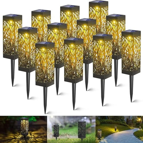 Kefflum Solljus trädgård LED solcellslampa trädgårdslampa utomhus 12 stycken varm vit LED solcellslykta vattentät IP55, dekorativ sollampa landskapsbelysning körvägar för gräsmatta