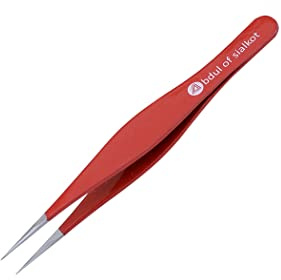Abdul of Sialkot Pointed Tweezers,Needle Nose Tip, Sharp Precision Ingrown Hair, Surgical Pointed for Blackheads & Splinters/Best Tweezers for Eyebrows (Red)