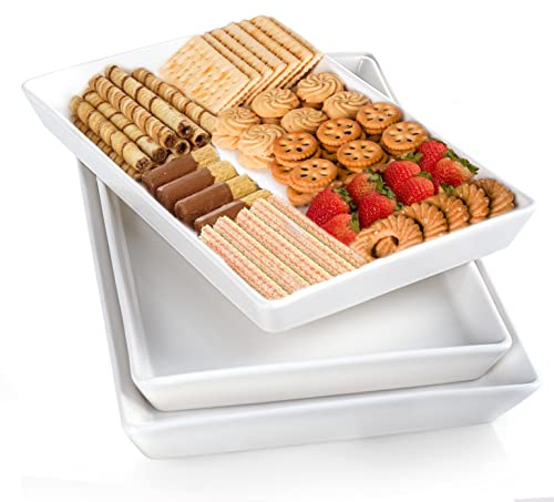 Delling Large Serving Platter, 16/14/12 Inch Rectangular Serving Trays for Serving Food, Serving Tray for Party - Set of 3, White