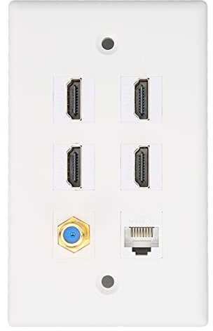 Goshyda 6 Puertos HDMI CAT6 Placa de Pared, 4K HDMI Ethernet Coax Cable TV F Head con 4 Puertos HDMI Cat6 Ethernet 1 Coax TV F Head, para Oficina en casa