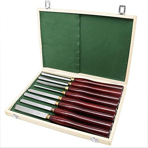HSS-Qualitätsstahl 8-Teilig Mit Den Gängigsten Sorten Schüsseldrehröhre, Drehmeißel, Formröhre, Flachstahl, Abstecher Und Ringdreheisen Zum Drechseln Drechselbeitel Mit Holzgriff in Holzbox