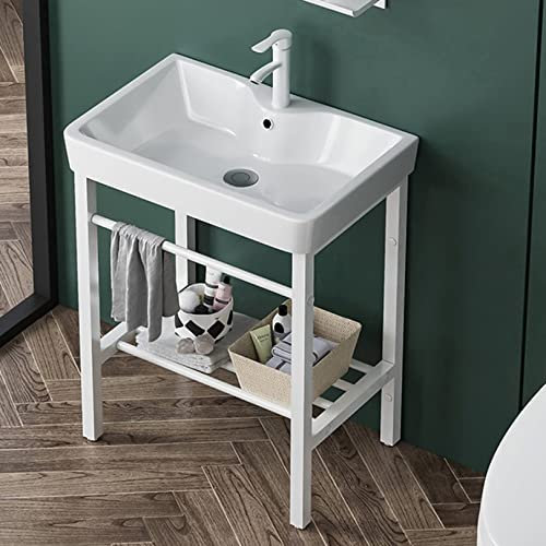 Blanco Lavabo de Cerámica,lavadero de Baño Lavabo de pie con Pedestal Lavamanos Pedestal Mueble de Baño , Fregadero con Soporte de Acero Inoxidable,Grifo,para Lavandería,Patio Garajes,Baños y Aseos (