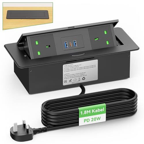 Desktop Power Socket with USB C PD20W, Aluminum Recessed Power Strip 2 UK Plug, Hidden Pop Up Sockets for Kitchen Worktops Conference Desk, Desk Power Outlet with USB C PD20W, 1.8M Cable, HANNELORE