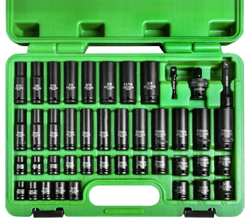 Steel Vision 43-teiliges 3/8-Zoll-Antriebs-Schlag-Steckschlüssel-Set, SAE & metrisch, tief & Standard (5/16-3/4 Zoll & 8-19 mm) Cr-Mo-Stahl, 6-kant, inklusive U-Gelenk-Drehgelenk, 3-Zoll-Verlängerung