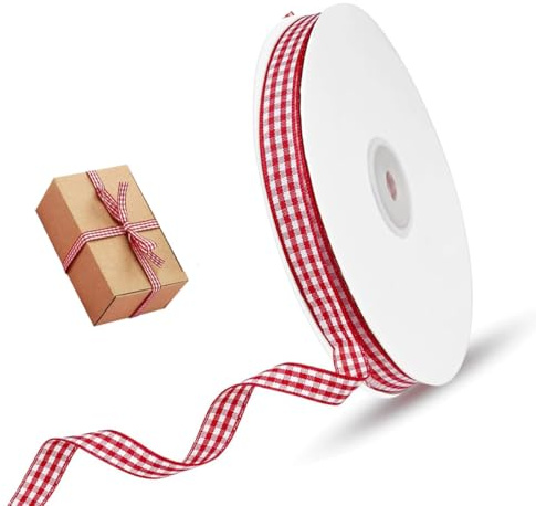45m Kariertes Geschenkband Rot 10mm – Gingham Band, Karoband & Schleifenband für Geschenkverpackung, Partydeko, Hochzeit, Weihnachten & DIY Dekoration
