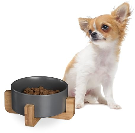 Relaxdays Hundskål keramik, 850 ml, för mat och vatten, matskål med bamburam, H x B x D: 9 x 20 x 20 cm, grå