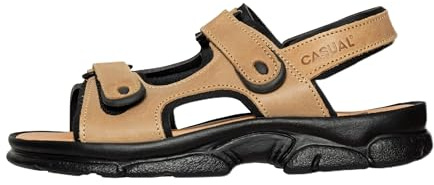 Casual vandringssandaler män äkta läder trekkingsandaler bekväma utomhus fritidsskor med kardborreband och vadderad gel fotbädd, Beige, 48 EU