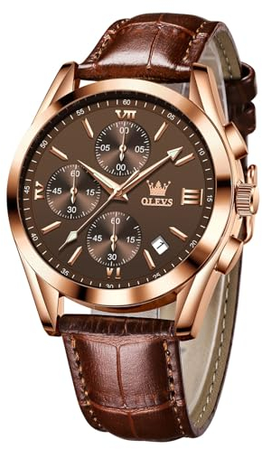 OLEVS Braun Uhr Herren Analog Kleid Vintage Roségold Gehäuse Herren Armbanduhr mit Datum Großes Zifferblatt Herrenuhren Lederarmband Wasserdicht Uhren für Männer Leuchtend Chronograph Geschenke