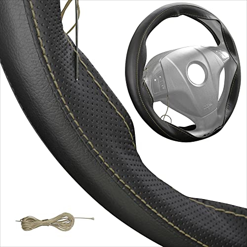 Generisch Lenkradbezug Pu Leder, Auto Lenkradhülle zum schnüren Nähen mit Nadel und Faden Spezial Sport Design M3 Schwarz Beiges Naht Universalgrösse 37-39 cm