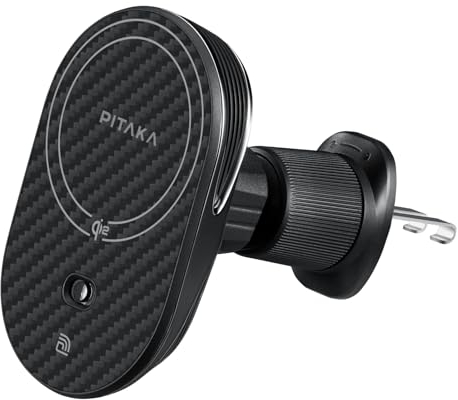 PITAKA Mobile Phone Car Mount Aramid Fibre with Charging Function Qi2 Cell Phone Holder 15W with 360° Rotatable Ventilation NFC and Magsafe-Compatibility for iPhone & Samsung