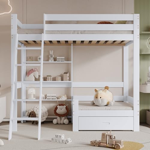 MQLAE Hochbett Kinder, Etagenbett mit Regalen und Sofa, Holzbett mit Schublade, Rausfallschutz Kinderbett 90x200 cm mit fünfstufiger Schrägleiter, Bettrahmen aus Massivholz, Weiß