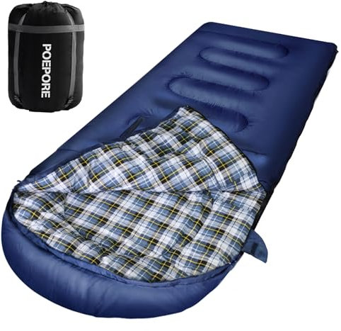 POEPORE Flannel Sleeping Bag Cotton 0 Degree Cold Weather for Adults XXL Wearable Sleeping Bag 4 Seasons Waterproof with Compression Sack BLUE_R