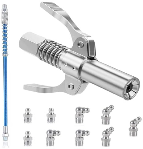 sinzau Fettpresse Mundstück, Fettpresse Kupplung, Fettpresse Für Schmiernippel, Doppelgriff G Coupler, Coupler für Fettpresse, mit 30 cm Schlauch und 9 Fettpresse Kupplung, für Schmiernippel