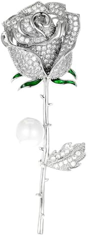 Wendalern Rhinestone Pearl Flower Brooch Pin CZ Diamond Rose Flower Brooch Cute Silver Flower Plant Lapel Pin Elegant Imitation Pearl Safety Pin Corsage Badges Jewelry for Women