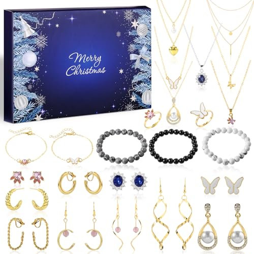 Smycken adventskalender 2025 kvinnor flickor, 24 dagar överraskningar berlock armband halsband örhängen ringar adventskalender gåvor jul nedräkning lyx smyckesset för fru mamma flickvän dotter, Guld