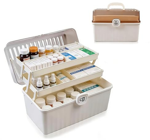 ANMOO Boîte de rangement de premiers secours à 3 niveaux, boîte de rangement portable avec poignée, organiseur de rangement médical, blanc, kit d'urgence familial, 32 x 18 x 22 cm