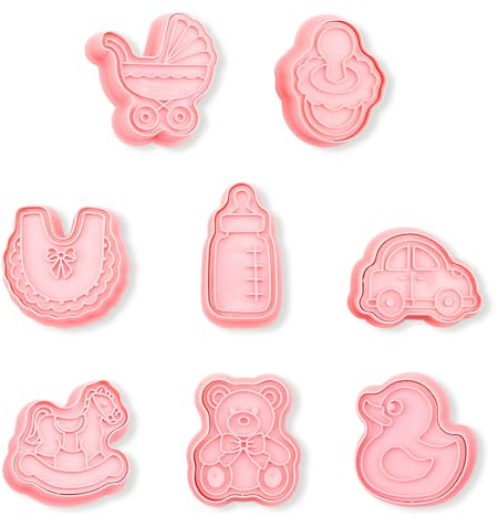 Lotsdonxia 8Pcs Baby Shower Cookie Cutter Set - 3D Plastic Cookie Moulds Stroller, Feeding Bottle, Rattle, Bib for Cake, Pastry, and Fondant Decorations (A)