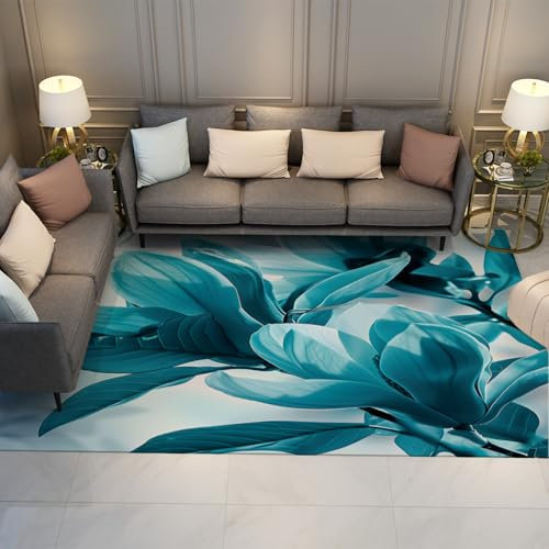 HOBBOY Moderner Blumen Bereich Teppich Blau Magnolie Bodenmatte Blumen & Pflanzen Indoor Teppich Niedrigflor Badezimmer Schlafzimmer Küche Teppich Waschbar 60 x 90 cm