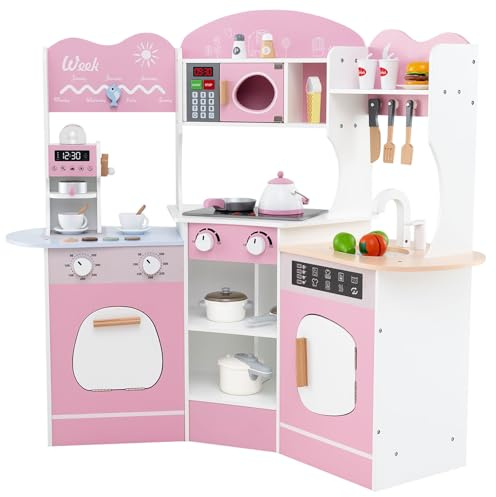 GYMAX Kids Corner Kitchen, Wooden Play Kitchen with Realistic Lights, Sounds, Coffee Maker, Microwave, Sink, Faucet & Utensils, Children Pretend Toy Kitchen Playset for 3+ Years Old (Pink)