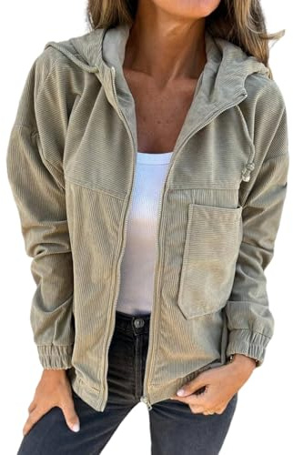 Schicke Und Gemütliche Wolljacke, Cordjacke Für Damen, Kapuzenjacke Mit Langen Ärmeln Und Reißverschluss Für Damen, Lässiges Sweatshirt Mit Langen Ärmeln Und Kordelzug Und Tasche (Khaki,M)