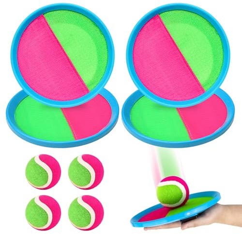 Idota Klettballspiel für Kinder, Klett Ballwurfspiel Kinder mit 4 Fangscheiben und 4 Bällen, Strandspiele, Wurf- und Fangspiel Klettball für Innen und Außen