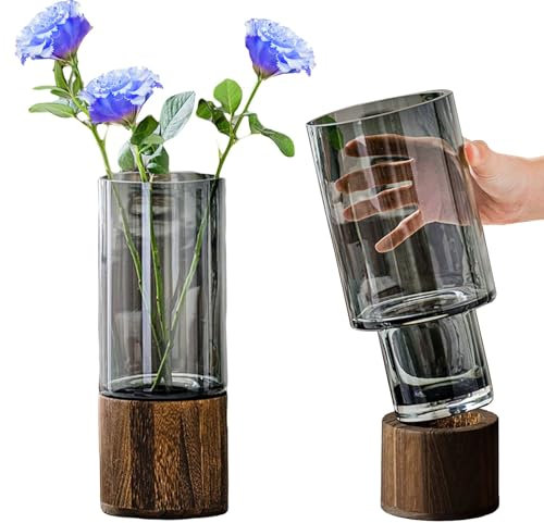 Glass Vase Cylindrical Smoked Grey Flower Vase with Wooden Base Plant Vases for Pampas Grass Dried Flowers, Boho Rustic Style Vases for Wedding Home Decor Table Centerpieces 10Inch/25Cm Tall (Clear)