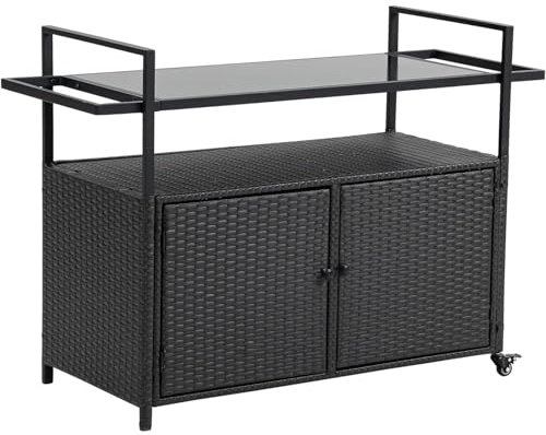 PSNKLMM Outdoor Wicker Bar Cart With Wheels Rattan Beverage Bar Counter Table For Porch Backyard Garden Poolside Party For Bar, Dining Room(Black)