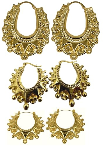Gold Over Silver Victorian Gypsy Style Hoop Earrings Jewelry Gift Set for Women, Gold Tone, 3 Pairs, Birthday Gift with Box & Bag - No Gemstone (3Pairs 50mm/35mm/25mm)
