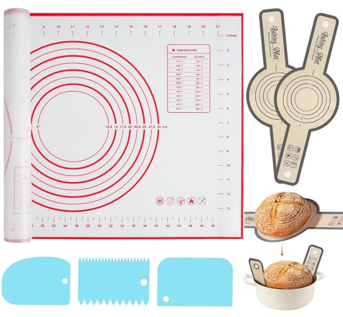 Silicone Baking Mat 16 x 24 - 2 Pcs Silicone Bread Sling for Dutch Oven - NonStick High Degree Kitchen Sour Bread Making Loaf Pan Lifter Liner,Non-Slip Pastry Mat for Rolling Dough,3 Scrapers