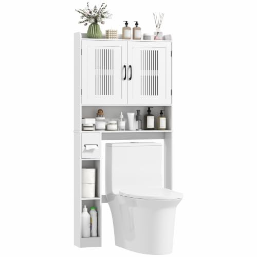 HOMCOM Meuble WC Dessus de Toilette/Machine à Laver 80x19,5x170cm Blanc | Placard à Porte Double, Étagère Réglable, Niches, Porte-Papier, Meuble Toilette Rangement, Armoire Salle de Bain