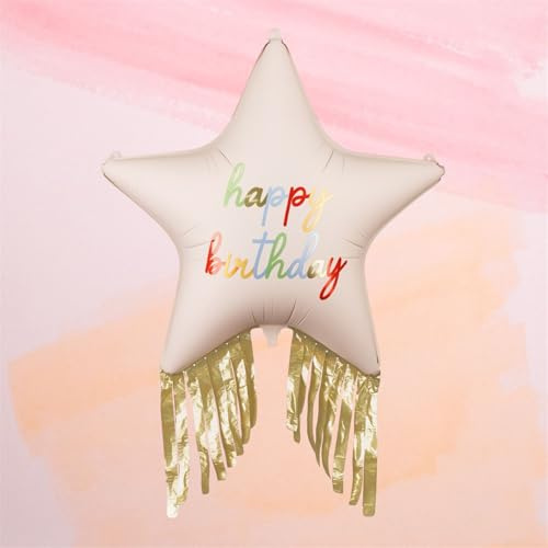 Folienballon Stern mit Fransen Happy Birthday Farbmix –ca. 72x72cm aufgeblasen, Luft & Helium, wiederverwendbar, inkl. Strohhalm, Geburtstag Ballon, Party Dekoration, großer Luftballon Feier