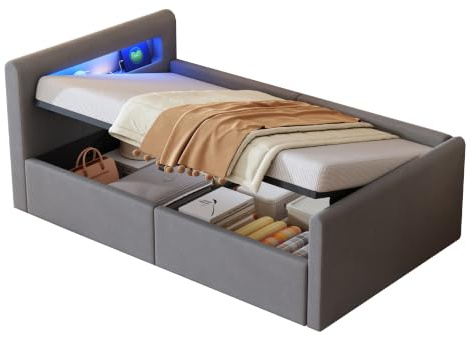 okwish Kinderbett 90x200 Polsterbett mit LED, USB & Bettkasten, Hellgrau | Bett 90x200 mit Bettgestell & Lattenrost, aus Samt, ohne Matratze, für Einzelbett, Jugendbett & Stauraumbett
