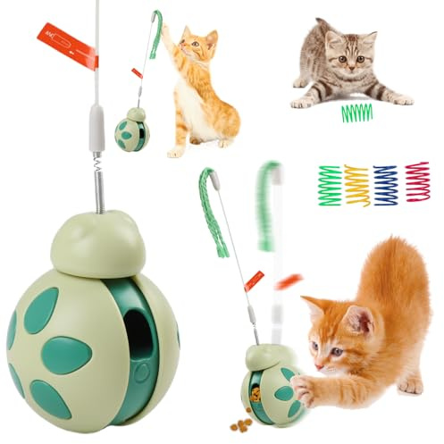 Bigqin Interaktives Katzenspielzeug, Tumbler Spielzeug Ball mit 4 STK. Spirale, Katzen Spielzeug mit Reizstab und Leckerli-Spender, Langsames Fütterungstraining für Katze Trainingsgerät Indoor