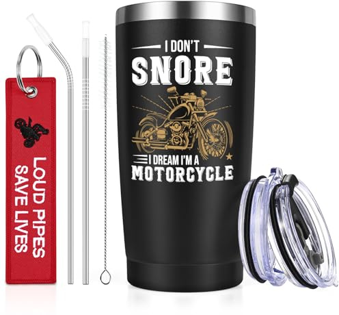 Livole Motorbike Gifts for Men, Biker, Funny Christmas Mugs for Men, Him, I Don't Snore, I Dream I'm A Motorcycle, Motorbike Lover Mug, Motorcycle Presents, 600ml Insulated Wine Tumbler, Travel Mug