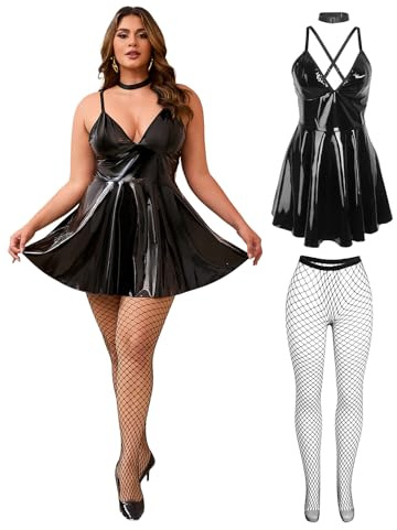 ohyeahlady Läderklänning, dam, svart, kort, stora storlekar, wetlook, underkläder, damer, sexiga underkläder, kurvig, elegant, A-linje, konstläder, festklänning, V-ringad, miniklänning, klubbkläder