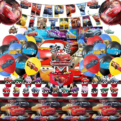 52Pcs Cars Birthday Party Supplies, Party Decorations Set Include Banner, Backdrop, Balloons, Hanging Swirls, Cake Cupcake Toppers, Tablecloth for Boys Girls Cars Theme Party