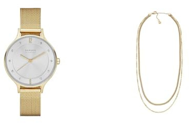 Skagen Damen Anita Lille Goldfarbene Edelstahl Uhr und Merete Halskette, Set