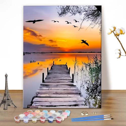MEIYUDA Pintar por Numeros Adultos Paisaje Atardecer, DIY Pintura por Numeros Kit Manualidades Adultos, Pigmento Acrílico, Decoración para el Hogar Regalo de pared 40x50cm(sin marco)