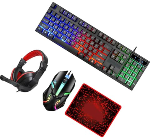 ANDRESLAD Ensemble Clavier Et Souris pour Ordinateur De Jeu Rétroéclairage LED Compact Tapis De Souris Et Casque De Jeu pour Bureau Et Gaming, Usage Polyvalent, Couleur Noire