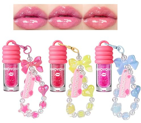 Gloss à lèvres rose brillant, 3 couleurs, hydratant, rouge à lèvres pailleté, nourrissant, huile pour les lèvres pour enfants et adolescents, cadeau de fête, avec porte-clés Bowknot