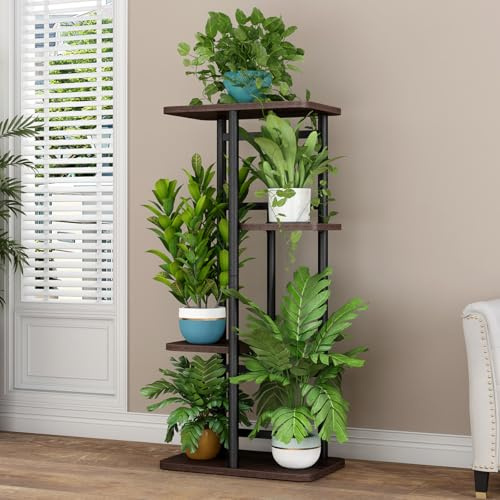 4 Tier Hölzern Blumenregal Metall Pflanzenregal, Mehrstöckig Blumenständer, Pflanzenständer Indoor Outdoor, Blumenbank Blumentreppe, Pflanzentreppe Standregal für Garten, Balkon, Terrasse, B