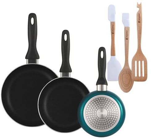Well Home Set de 3 Sartenes Ø16Ø20Ø24cm de Aluminio prensado en Azul metalizado+Juego de 3 Utensilios de cocina en silicona y madera