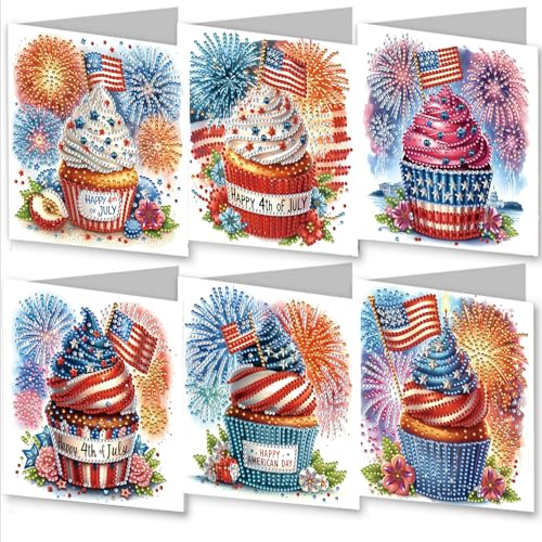 AYUCHYN ART 6 Pack Independence Day Mixed Greeting Cards | 5D DIY Diamond Painting Crystal Art Cards Making Kit with Envelopes & Full Tools | Xmas Cards Gift Postcards for Handmade 30×15cm (Cupcake)