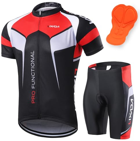 Lixada Herren Radtrikot Set Fahrrad Kurzarm Set Schnelltrocknend Atmungsaktives Shirt + 3D Cushion Shorts Gepolsterte Hose