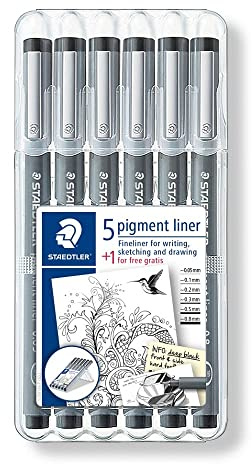 STAEDTLER ‎308 SB6P1 Pigment Liner Fineliner Pens with Assorted Line Width - Black (Set of 5 + 1 Free)