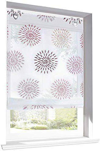 1 Stück Raffrollo mit Kreis-Motiven Floral Design Raffgardine Voile Transparent Vorhang (BxH 100x140cm, Violett mit U-Haken)